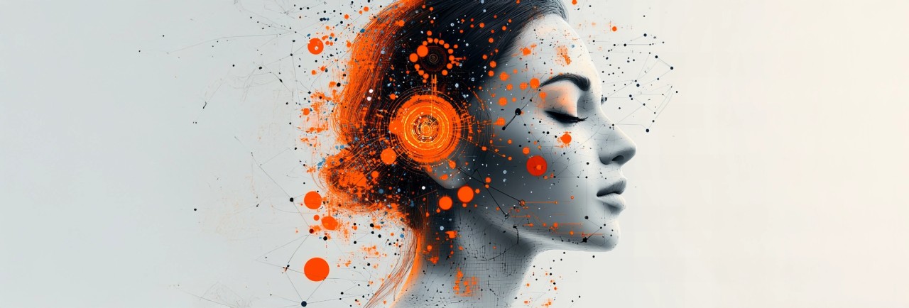 Abstract digital artwork of a woman’s profile with closed eyes, overlaid with glowing orange neural patterns and connection nodes radiating from the head, symbolizing neurological activity and brain signals.
