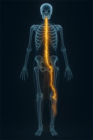 Digital medical illustration of a human skeleton with blue glowing bones and orange electric energy traveling from the neck down through the spine and into the left leg, representing Lhermitte’s Sign in multiple sclerosis.