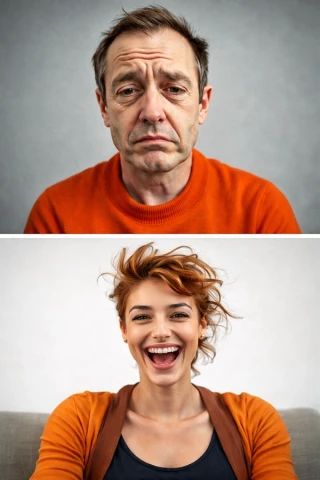 Two vertically stacked portraits showing a tired person and an energetic person in contrast