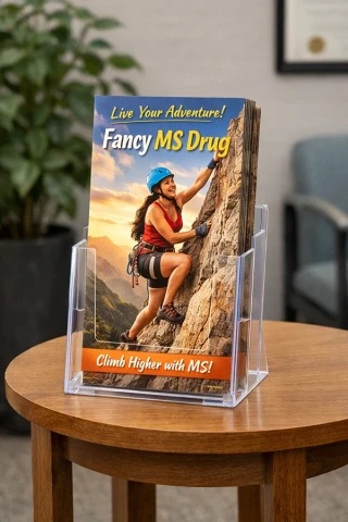 Medical office waiting room table with a clear brochure holder displaying an unrealistic MS drug brochure titled “Fancy MS Drug,” featuring a rock climber scaling a cliff.